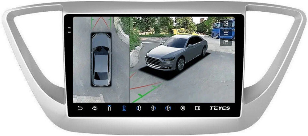 Магнитола для Hyundai Solaris 2 2017-2022, Solaris HS 2024+ (рамка серебро) - Teyes CC3-2K-360 на Android 10, 2K QLED, 6Гб+128Гб, CarPlay, 4G SIM-слот, 4 камеры в комплекте