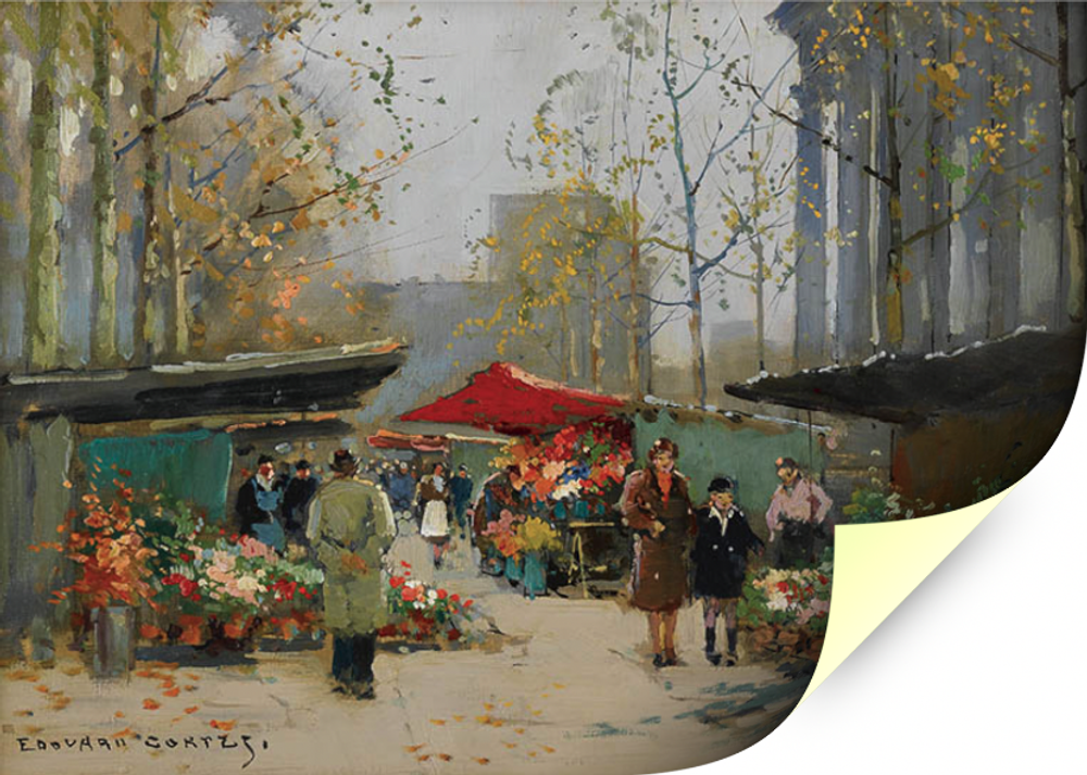 "Цветочный рынок на площади Мадлен", Кортес, Эдуард, картина для интерьера (репродукция) Настене.рф