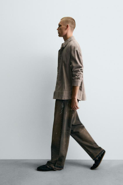 ZARA ДЖИНСЫ СВОБОДНОГО КРОЯ С БРЫЗГАМИ, ПЕСОЧНЫЙ/СИНИЙ