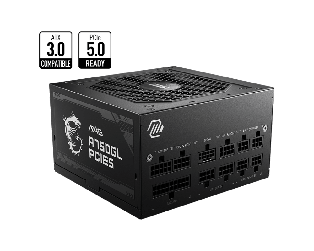 Блок питания MSI  750W, MAG A750GL PCIE5, Full Modular, ATX, 80+ GOLD, КПД >90%, Fan 120mm, Черный