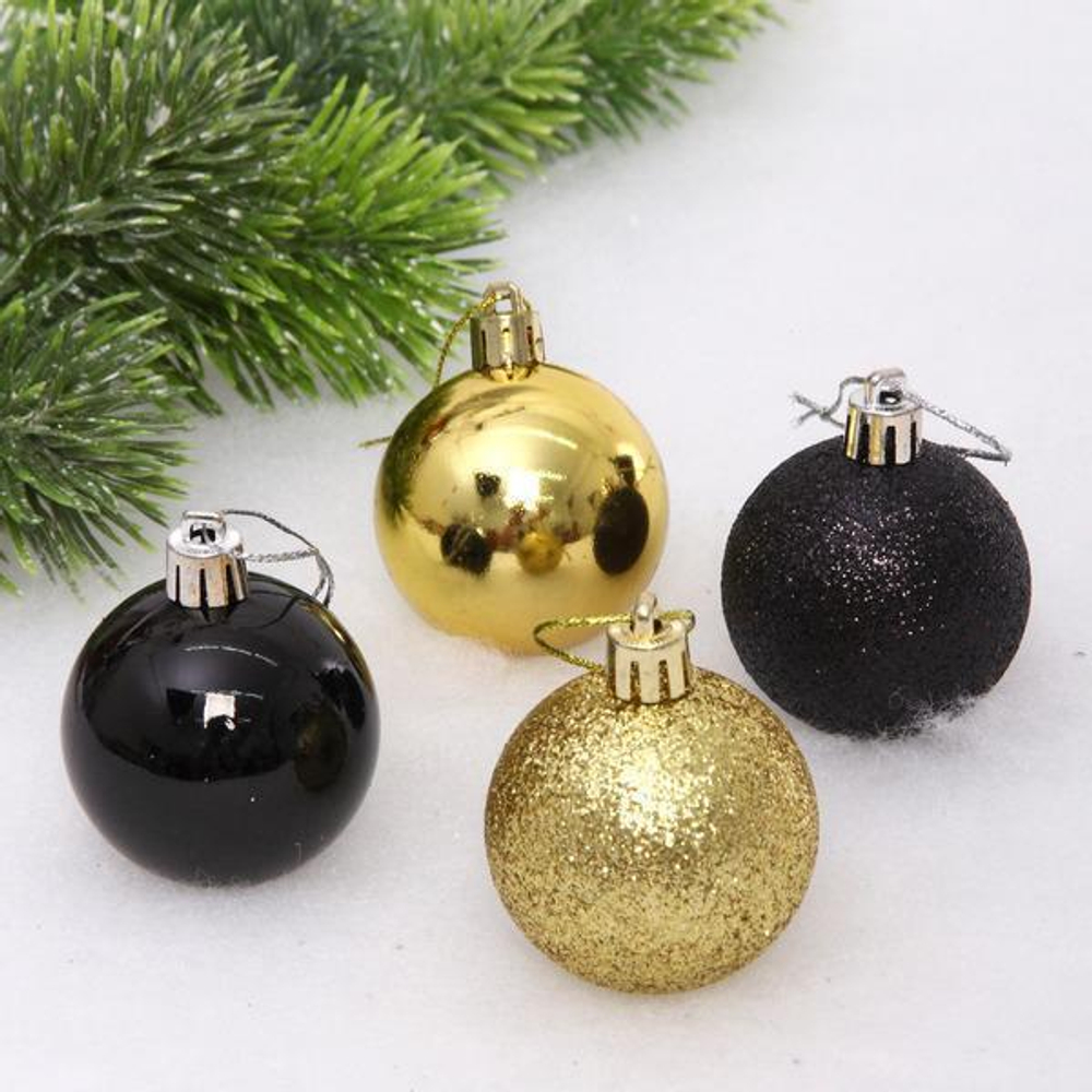 Новогодние шары 5 см (набор 4 шт) "Микс фактур", черный/золото (Серпантин)