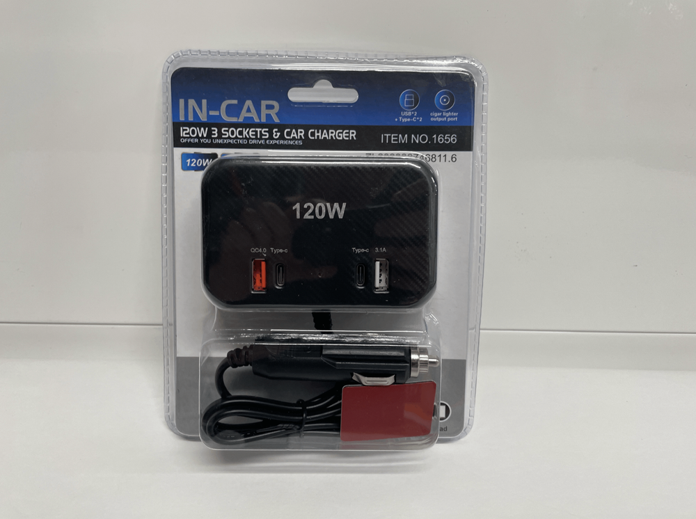 1656 IN CAR / Разветвитель в машину на 3 гнезда прикуривателя c USB Type-C 1656