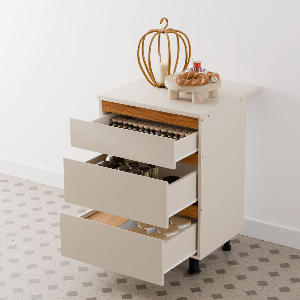 Кухонный модуль напольный, 60х60х85, Виго, с 3-мя ящиками со столешницей, с дубовыми панелями, серый / массив дуба, Dipriz