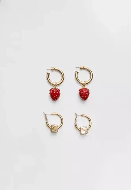 STRADIVARIUS Набор из 2 пар сережек с подвеской клубники и кубиков, золотой