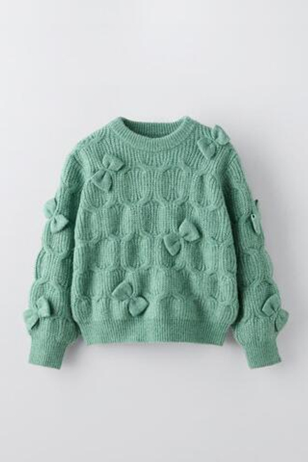 ZARA СВИТЕР С БАНТАМИ, МЯГКИЙ ЗЕЛЕНЫЙ