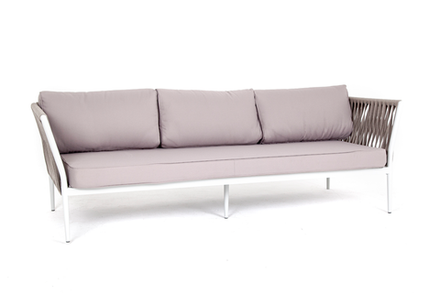 "Касабланка" диван 3-местный плетеный из роупа, каркас алюминий белый, роуп бежевый 20мм, ткань бежевая 035