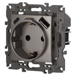 Розетка ЭРА Elegance 14-4108-16 2P+E 16A-250В со шторками с USB type-A+C 5В-3А титан