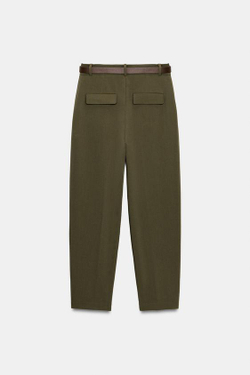 ZARA БРЮКИ С ЗАЩИПАМИ И РЕМНЕМ, ХАКИ