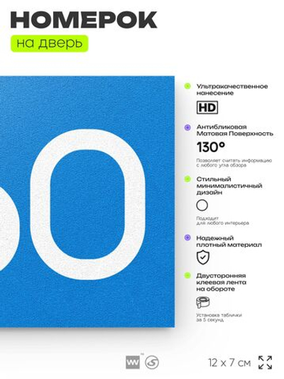 Номер на дверь 860, табличка на дверь для офиса, квартиры, кабинета, аудитории, склада, голубая 120х70 мм, Айдентика Технолоджи