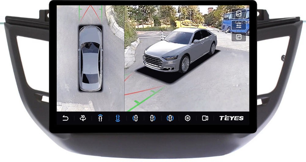 Магнитола для Hyundai Tucson 3 2015-2018 (без штатной КЗВ, рамка черная) - Teyes CC3-2K-360 монитор 13" 2K QLED на Android 10, 6Гб+128Гб, CarPlay, 4G SIM-слот, 4 камеры в комплекте