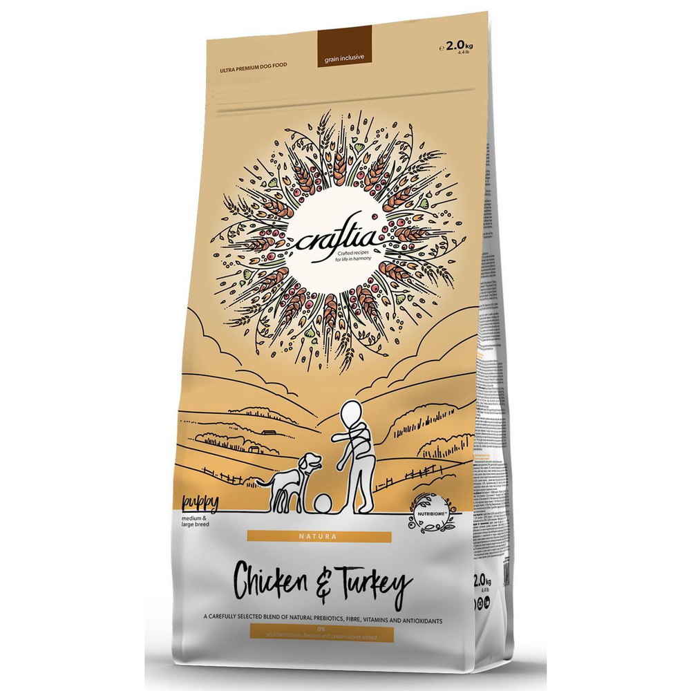 Корм для щенков Craftia Natura, 2 кг, курица  и индейка