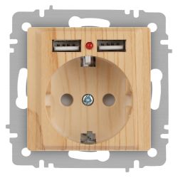 Розетка Intro Accent 6-410-11 с заземлением 2P+E Schuko со шторками 16А-250В + 2хUSB IP20 СУ сосна
