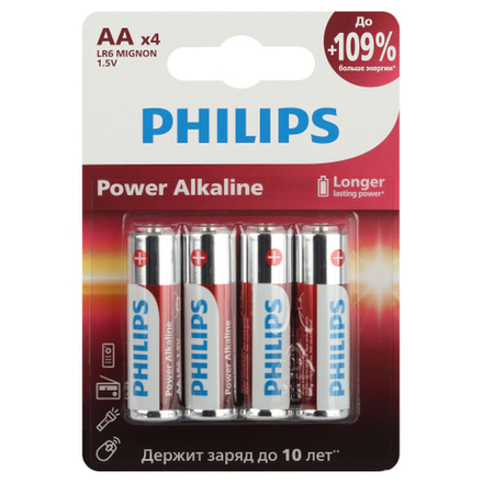 Батарейки Philips LR6P4B/51 АА алкалиновые 1,5v 4 шт. LR6-4BL Power (4/48/144/18432)