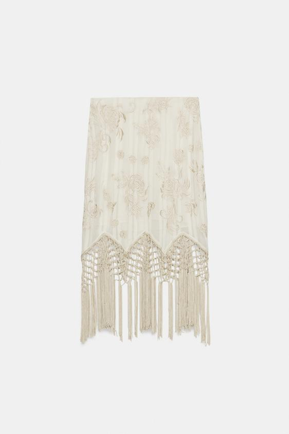 ZARA ЮБКА С ВЫШИВКОЙ И БАХРОМОЙ — ZW COLLECTION, ЭКРЮ