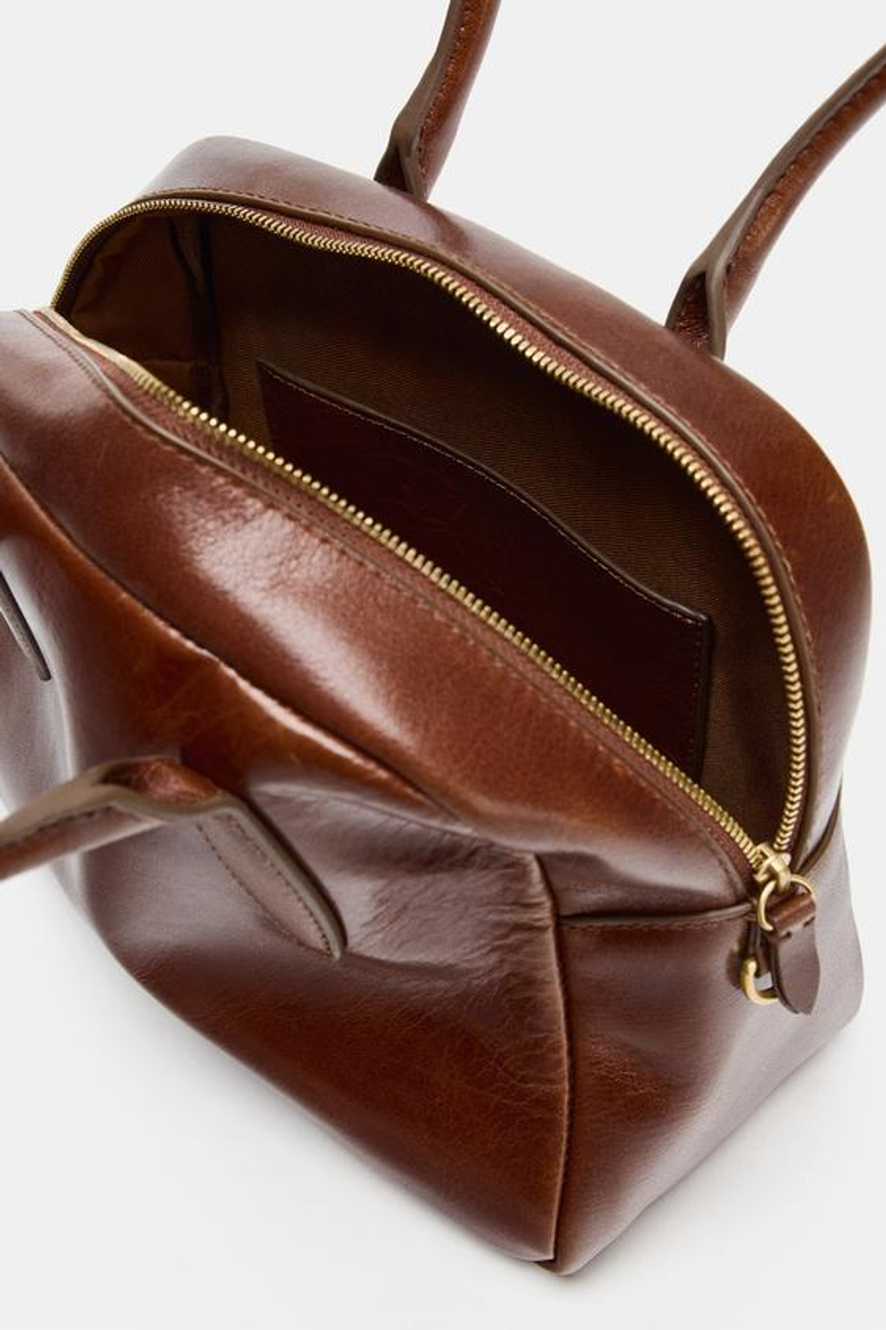 ZARA КОЖАНАЯ СУМКА-БОУЛИНГ, ТЕМНЫЙ РЫЖЕВАТО-КОРИЧНЕВЫЙ