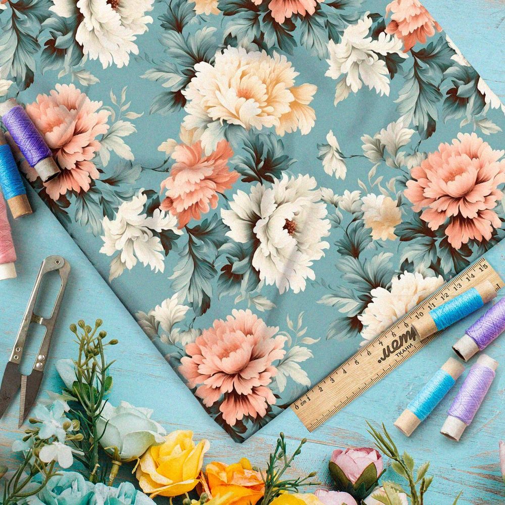 Ткань премиум бифлекс цветочная фантазия на сером