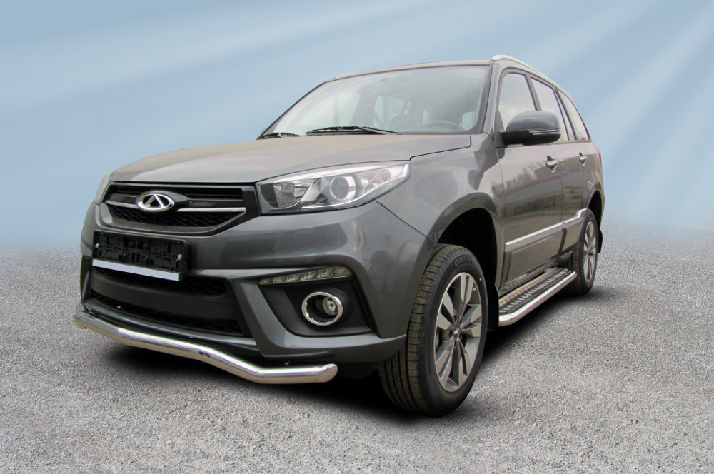 Защита переднего бампера (нержавейка) Chery Tiggo 3 (2014-2020) d57 волна (черный)