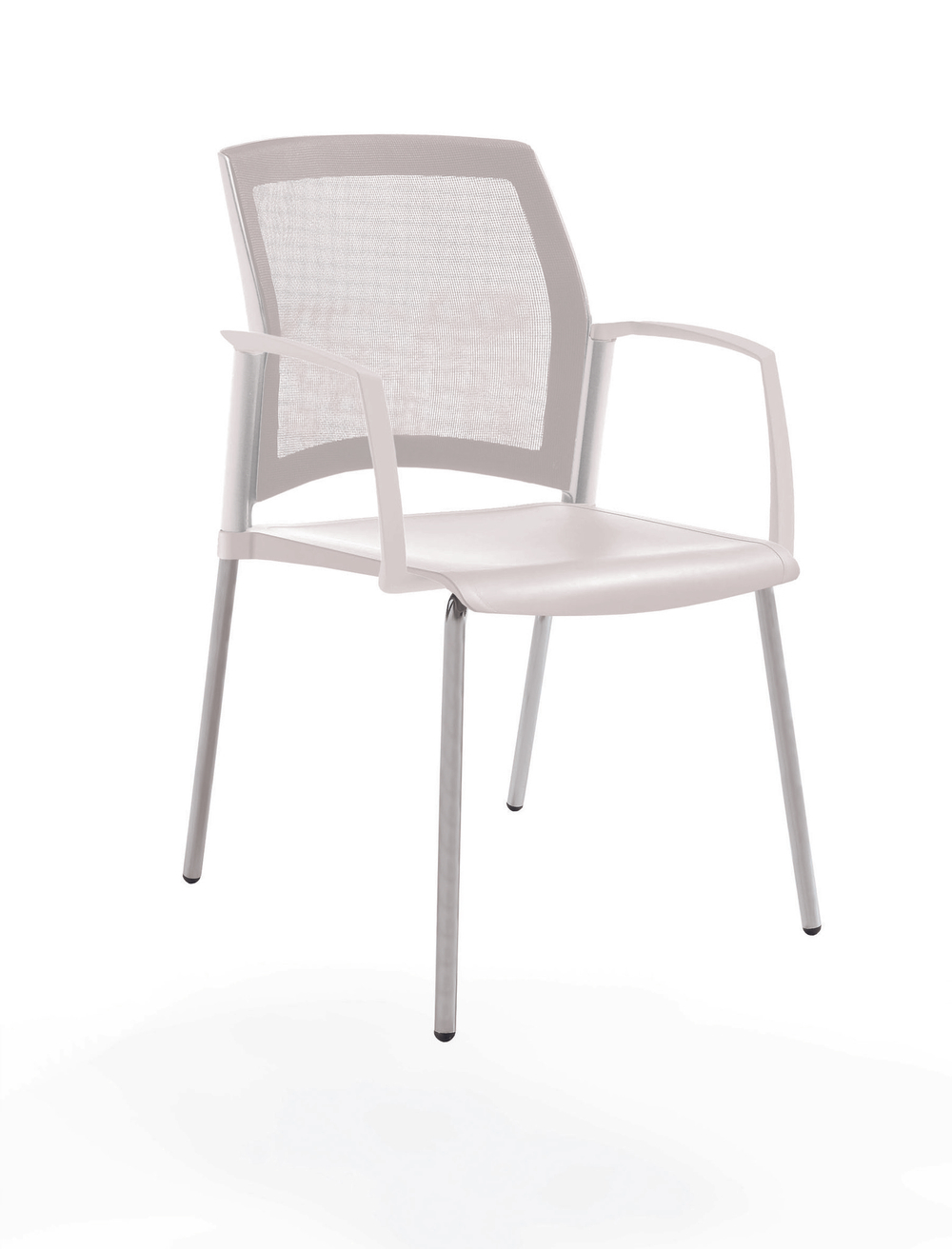 стул Rewind на 4 ногах, каркас серыйй, пластик белый, спинка-сетка, с закрытыми подлокотниками