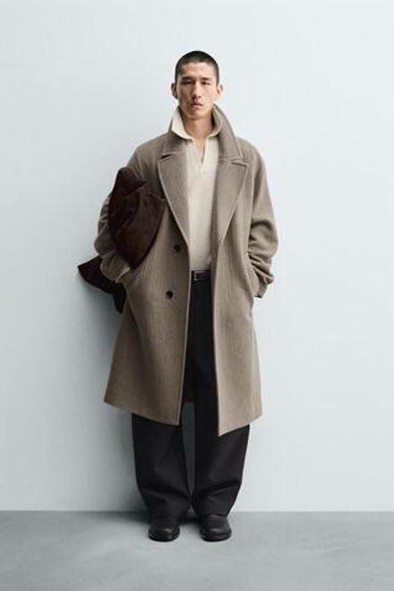 ZARA ПАЛЬТО RELAXED FIT ИЗ ШЕРСТИ, СЕРОВАТО-КОРИЧНЕВЫЙ