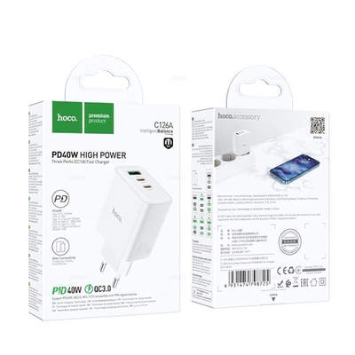 Зарядное устройство HOCO C126A PD40W+QC3.0 3A 2xType-C+USB White