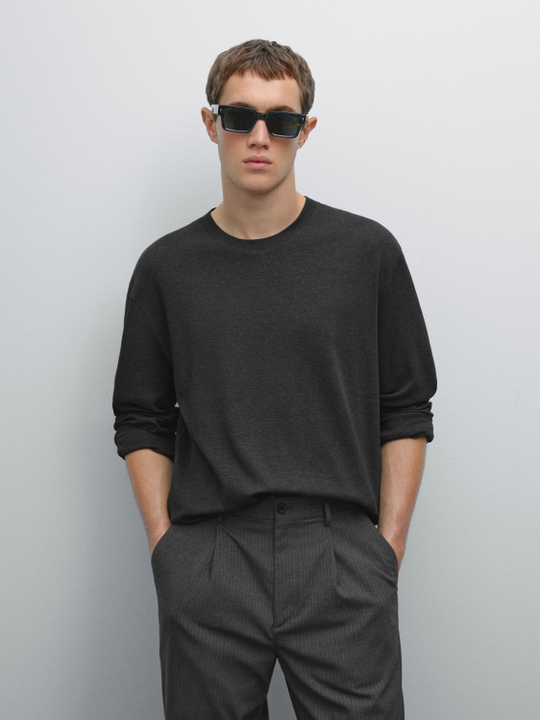 Massimo Dutti Футболка из хлопка среднего размера с длинными рукавами, серый