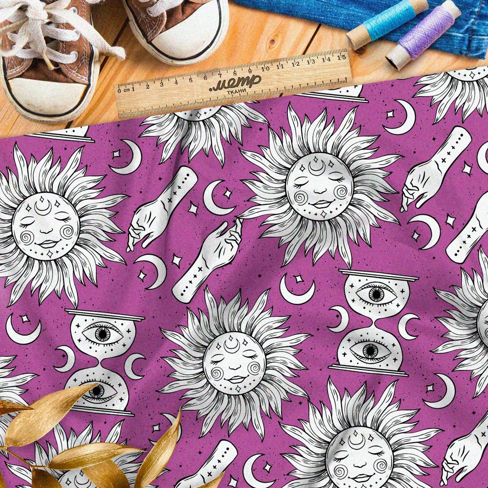 Ткань штапель эскизы астрологических символов на розовом фоне