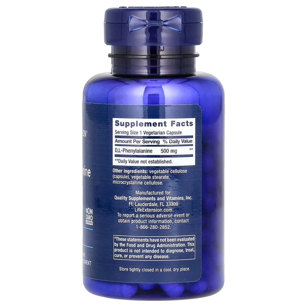 Life Extension, D, L-фенилаланин, 500 мг, 100 вегетарианских капсул