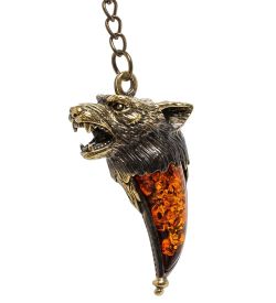 AM-1454 Брелок «Клык волка» (латунь, янтарь)