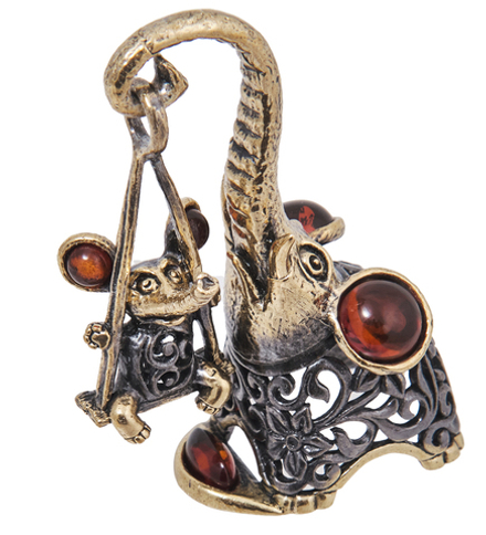 Народные промыслы AM-4093 Фигурка «Слон и мышь Ажурные» (латунь, янтарь)