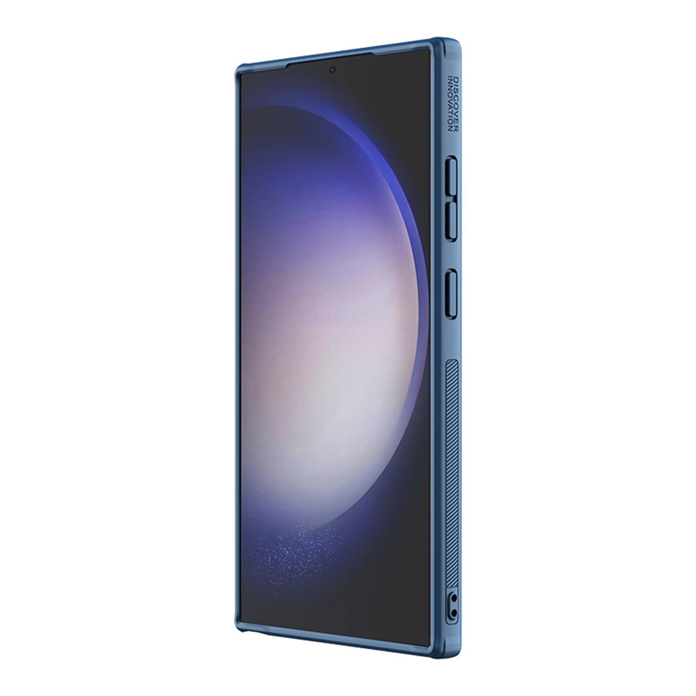 Чехол с вставками из кожи синего цвета от Nillkin для Samsung Galaxy S24 Ultra, с откидной металлической крышкой для камеры, серия CamShield Prop Leather Case