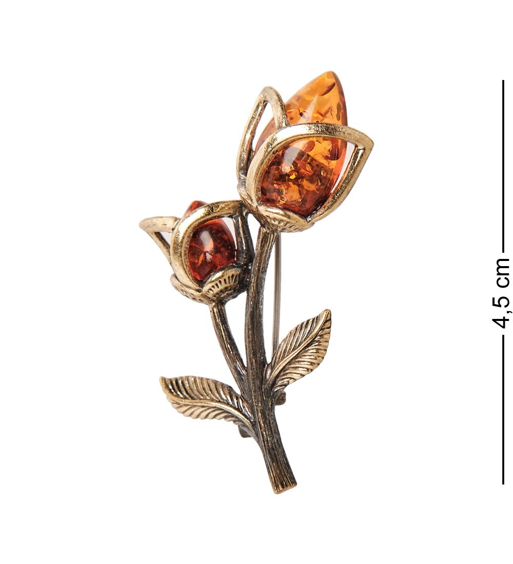 AM-2277 Брошь «Тюльпан Дуэт» (латунь, янтарь)
