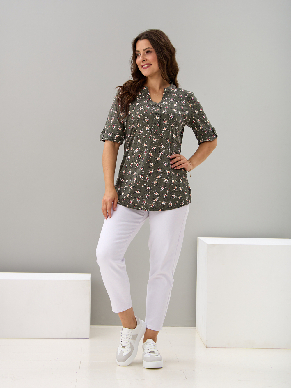 Блузка БЛ-122/хаки-цветыветочка