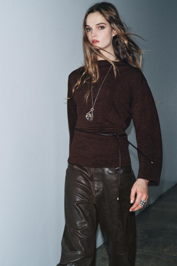 ZARA ТОП ИЗ РЕЛЬЕФНОЙ ТКАНИ С ПОЯСОМ, КОРИЧНЕВЫЙ