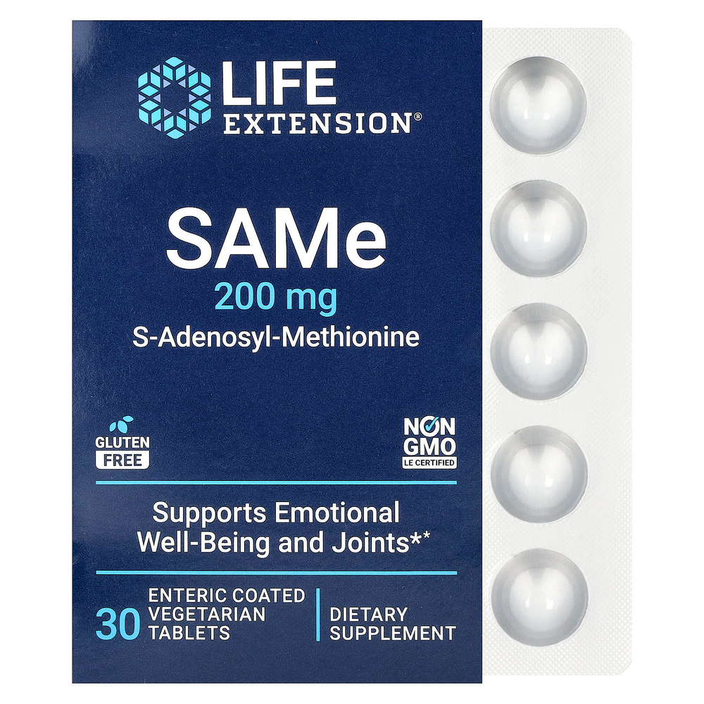 Life Extension, SAMe, S-аденозилметионин, 200 мг, 30 вегетарианских таблеток, покрытых кишечнорастворимой оболочкой