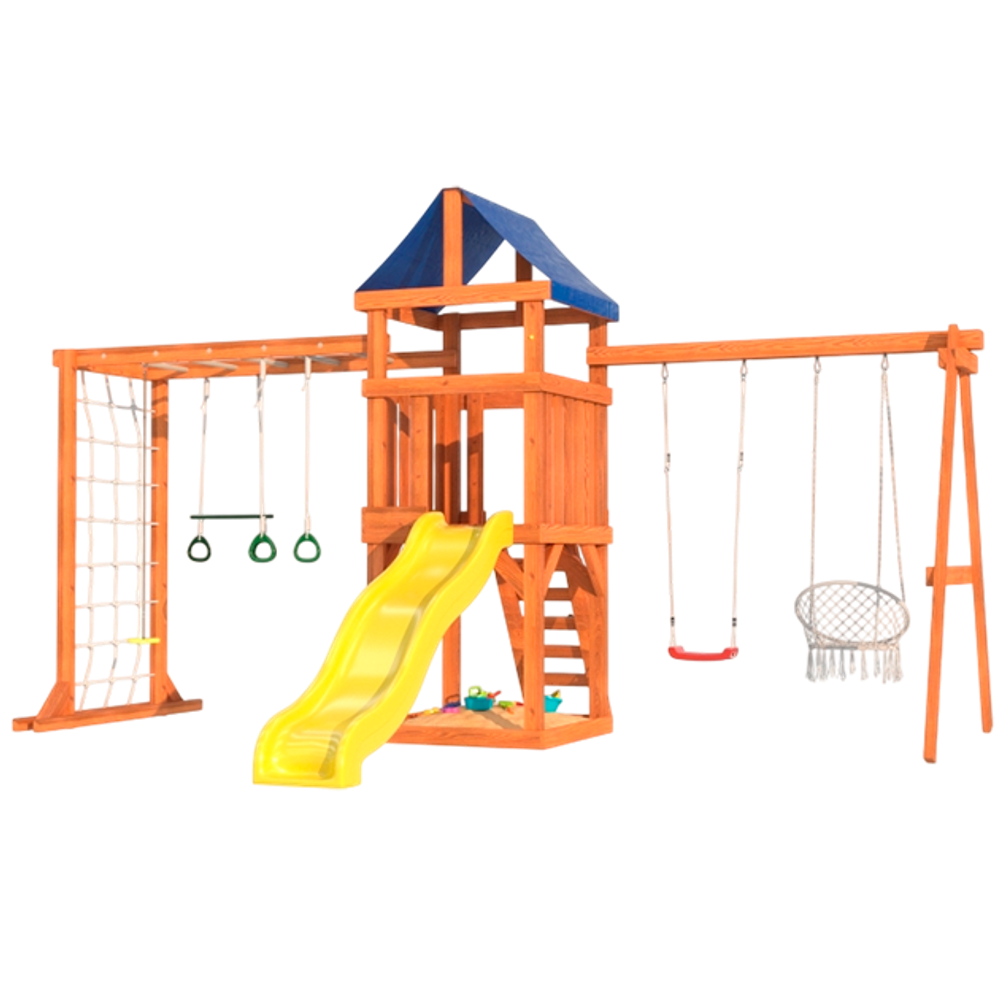 Детская площадка Fun Land с сеткой, рукоходом, качелями и плетенным креслом