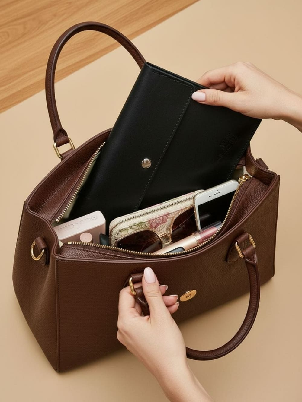 Фото примера расположения папки А5 в сумке ручная работа натуральная кожа цвет чёрный матовый