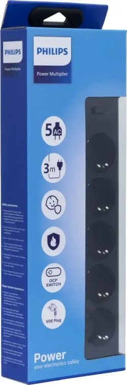 Philips сетевой фильтр 5 Розеток, кабель - 2M черный