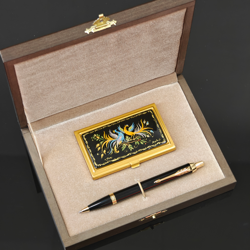 Набор "Две жар-птицы" визитница персональная с ручной росписью и ручка Parker