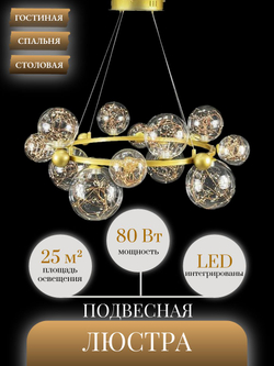Люстра подвесная светодиодная Lanbos Branch, LED лампы 80 Вт, до 25 кв м, золотая