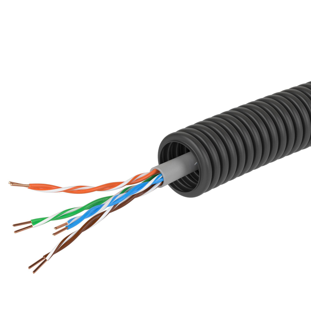 Электротруба ПНД гибкая гофрированная д. 16 мм, цвет черный, с кабелемвитая пара 5EU/UTP нг(А)-HF, 50 м