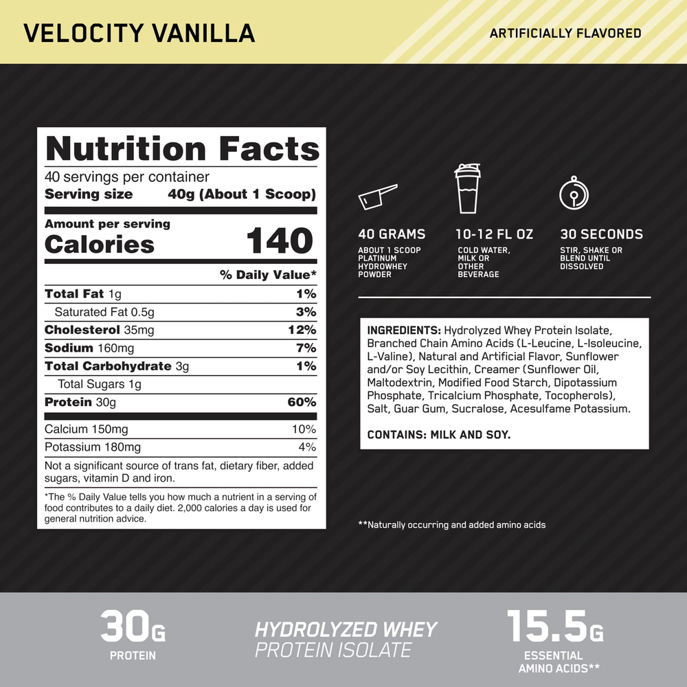 Optimum Nutrition, Platinum Hydro Whey, Velocity Vanilla, 1,6 кг (3,52 фунта)