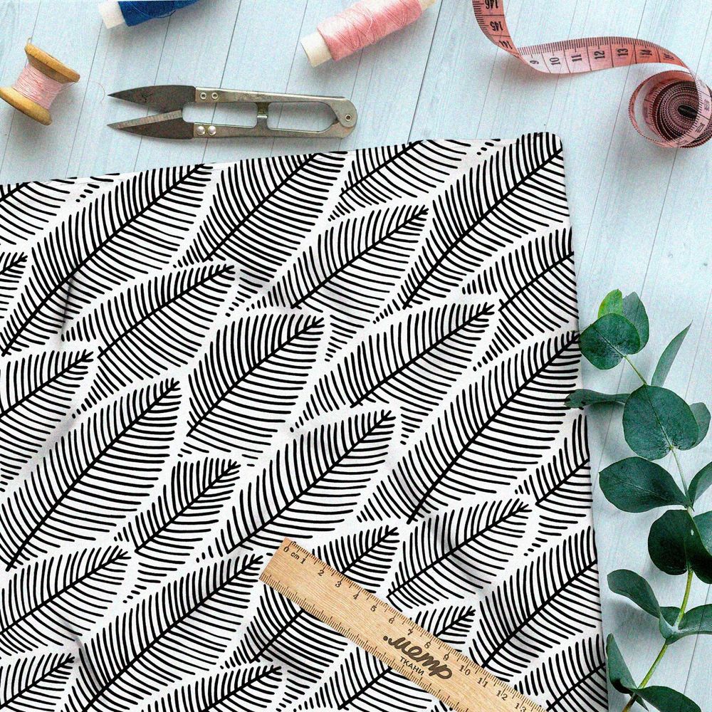 Ткань бифлекс плотный рисунок чёрно-белого папоротника