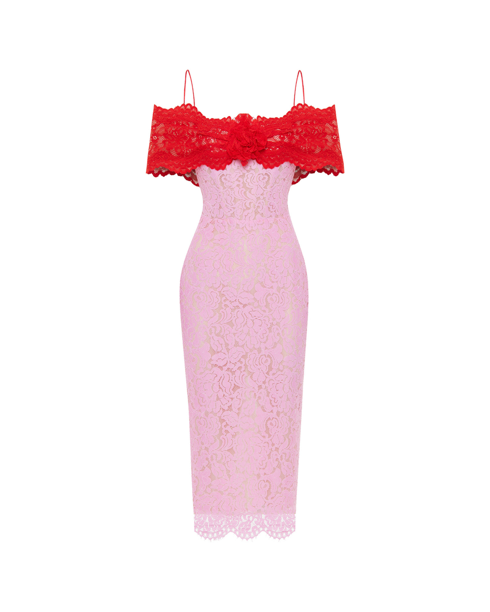 Платье миди из кружева со спущенными плечами