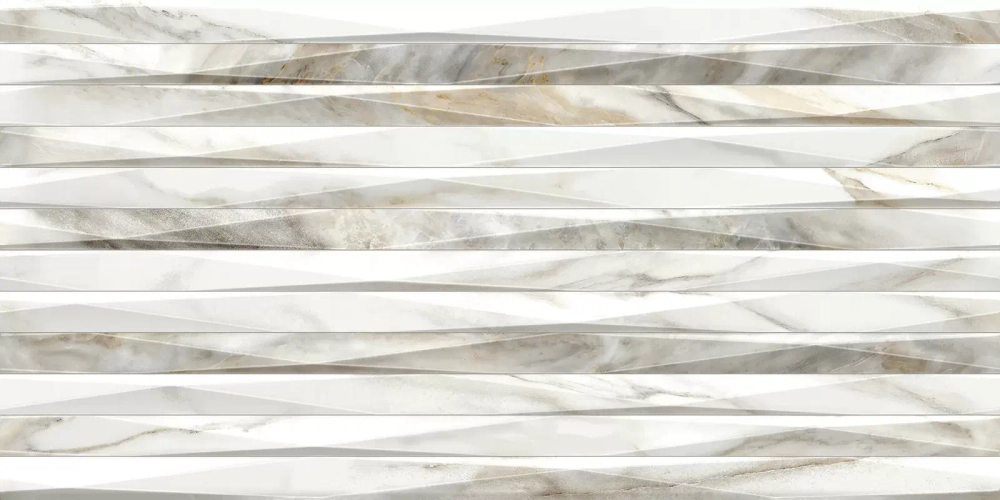 Настенная плитка Alma Ceramica TWU2550EPH24 Euphoria 24.9x50 белая / серая глянцевая / рельефная под мрамор / полосы