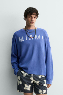 ZARA ФУТБОЛКА ВАФЕЛЬНОГО ПЕРЕПЛЕТЕНИЯ MIAMI, СИНИЙ