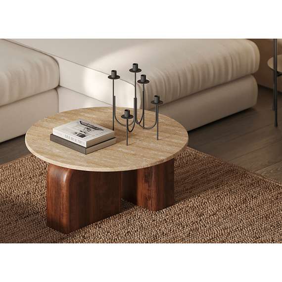 Журнальный столик Torhill, Ø80 см, бежевый травертин, орех