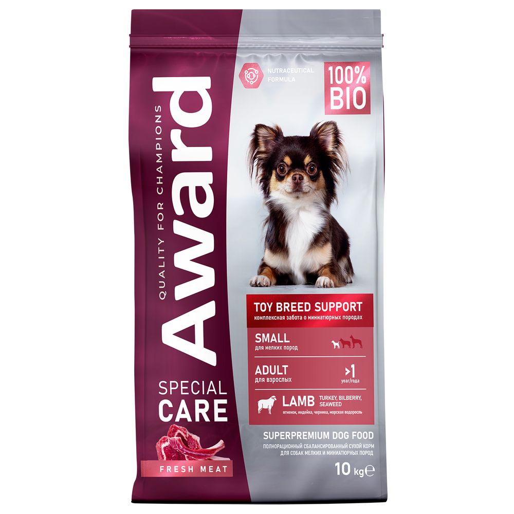 Сухой корм AWARD SPECIAL CARE Toy Breed Support для взрослых собак мелких и миниатюрных пород со свежим мясом ягненка 10кг