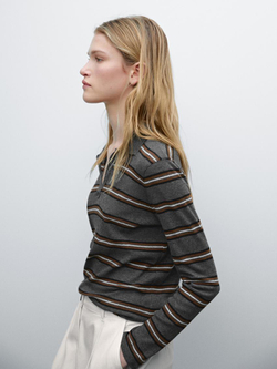 Massimo Dutti Свитер в полоску с воротником поло, серый меланж