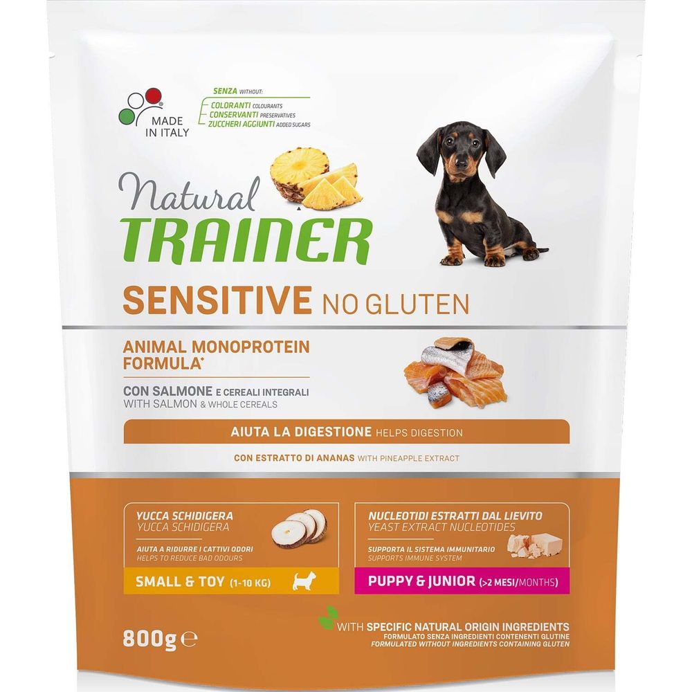 Сухой корм Trainer Natural SENSITIVE NO GLUTEN Puppy&amp;Junior MINI без глютена для щенков и юниоров мелких пород лосось 800 г