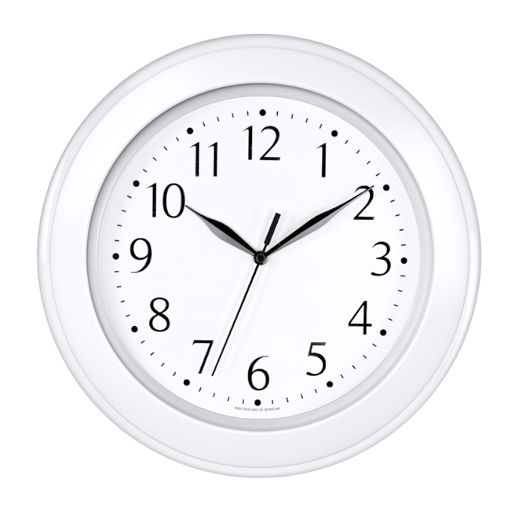 Часы настенные, модель 12, D 300мм, стекло пластик, пластиковый обод, цвет-прозрачный/белый